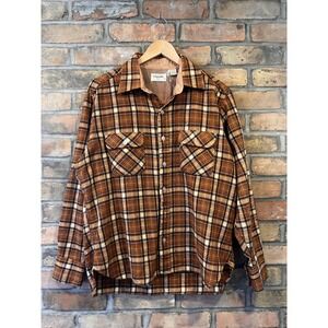 Vintage 60s Arrow Wool Blend Plaid Flannel Shirt Men Large Brown Tan Button Down